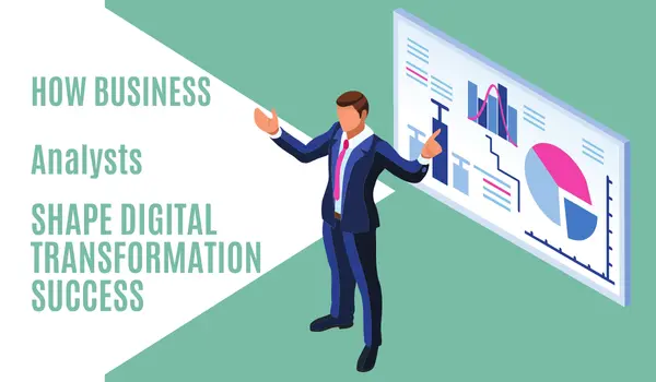 digital art work a corporate executive in corporate dress giving presentation and pointing finger to his behind projected screen which display some business charts.