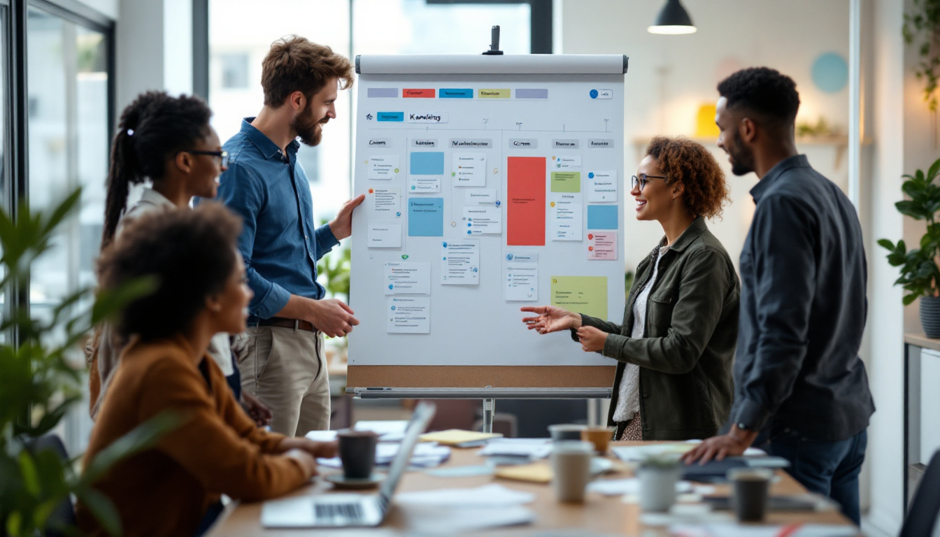 The image shows a collaborative team meeting in a modern office setting. A diverse group of professionals is gathered around a flip chart, actively discussing and planning. The flip chart displays a structured workflow, likely representing an Agile board or Kanban-style framework, with tasks and activities organized into columns and color-coded cards.  The participants are engaged, with one individual pointing to the chart and another gesturing, indicating active involvement and teamwork. The environment is casual yet professional, with natural light and greenery contributing to a productive workspace atmosphere. This image reflects Agile principles like collaboration, transparency, and iterative planning.