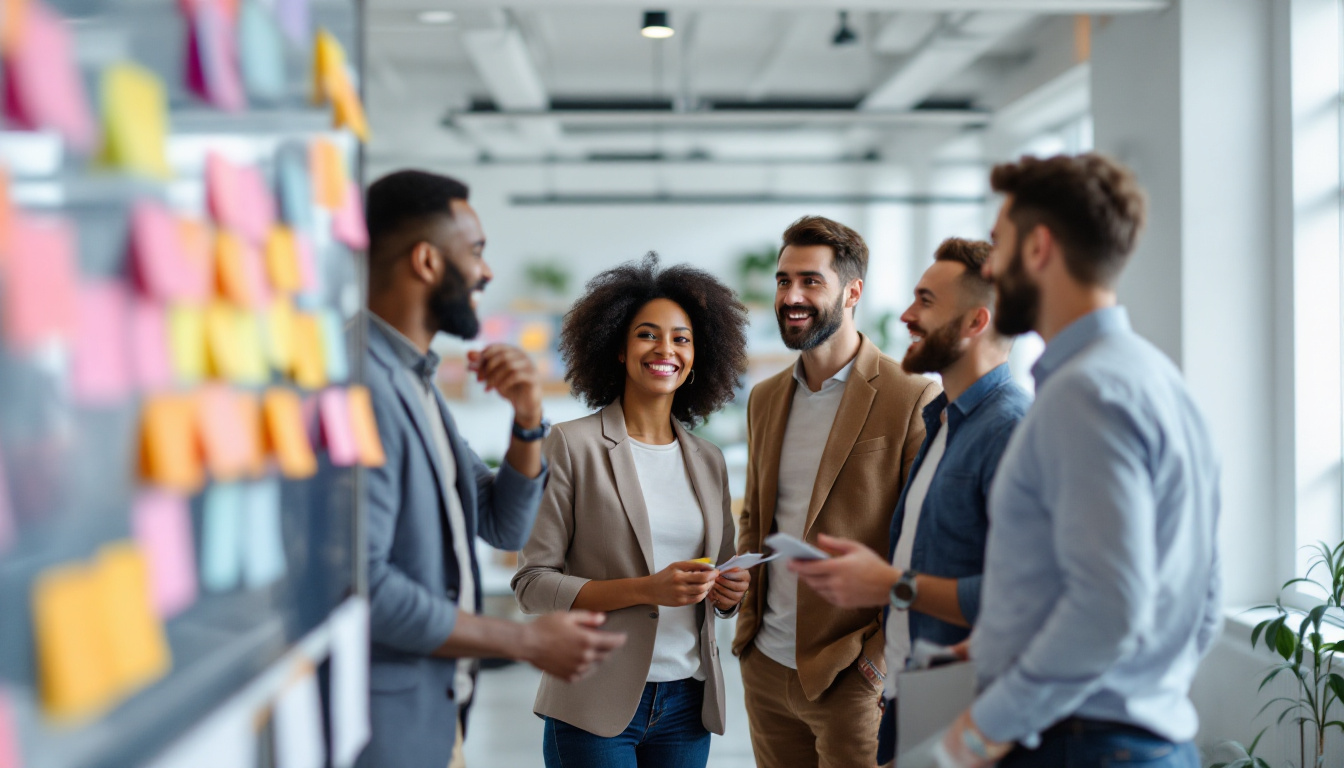 The image depicts a team of professionals engaged in a lively discussion in a modern office environment. The group appears to be brainstorming or collaborating, showcasing a sense of camaraderie and teamwork. A Kanban board with sticky notes in various colors is visible in the foreground, suggesting the team is using visual management tools to organize tasks and track progress.  The participants are smiling and appear relaxed, indicating a positive work culture. The well-lit workspace and open layout create an inviting atmosphere conducive to innovation and effective communication. This image captures the essence of Agile methodologies, emphasizing collaboration, transparency, and continuous improvement.